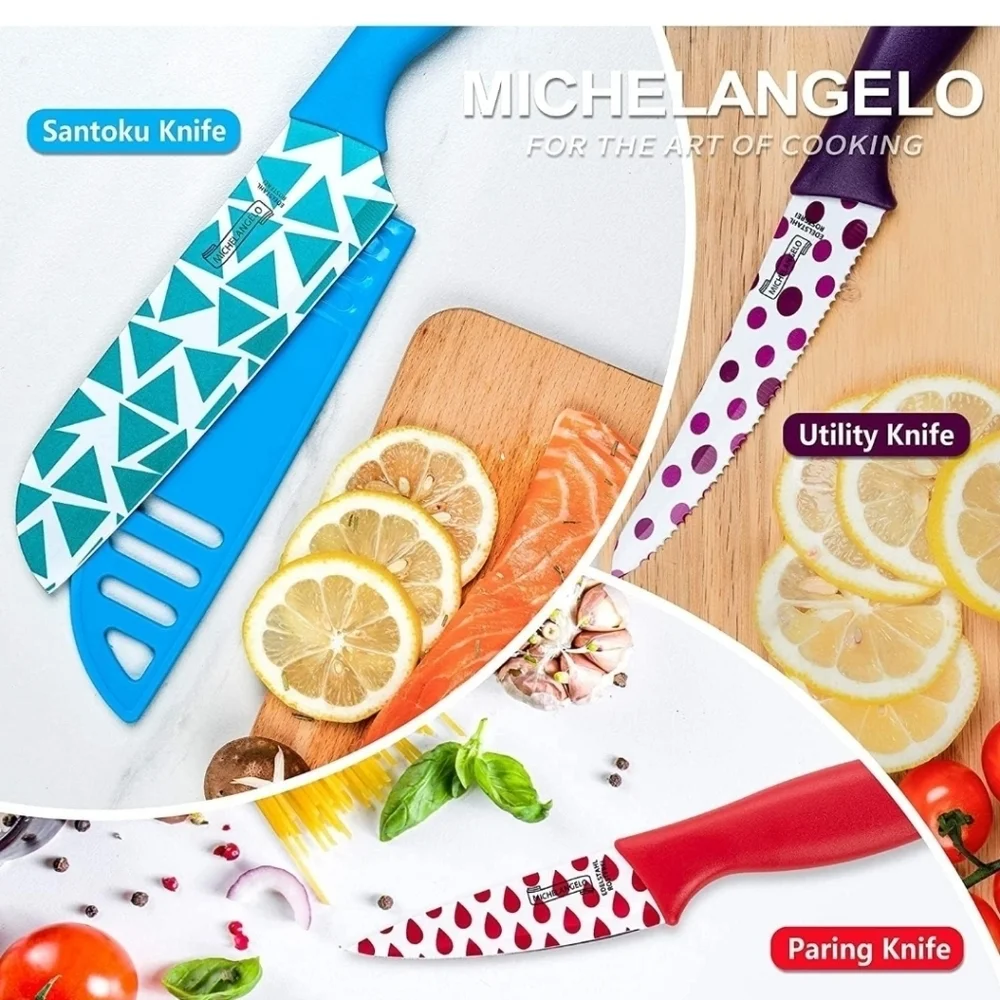 ▪️MICHELANGELO Kitchen Knife Set, 10 Piece Nonstick Colored Coating sharp knives